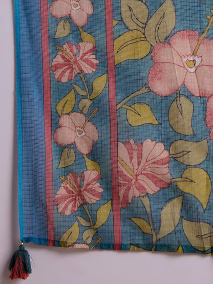 Solid Embroidered A-Line Kurta with Pant & Printed Dupatta - Blue