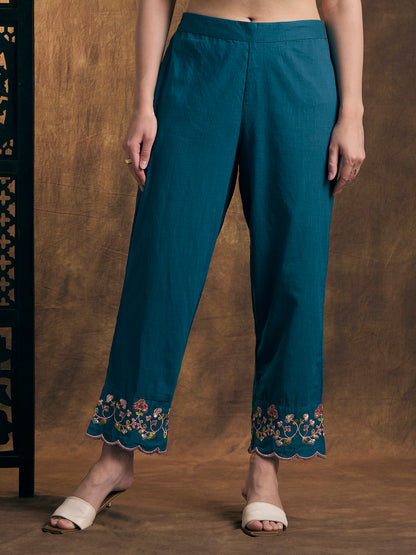 Solid Embroidered A-Line Kurta with Pant & Printed Dupatta - Blue