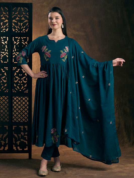 Solid Floral Embroidered A-Line Pleated Kurta with Pant & Dupatta - Teal Blue