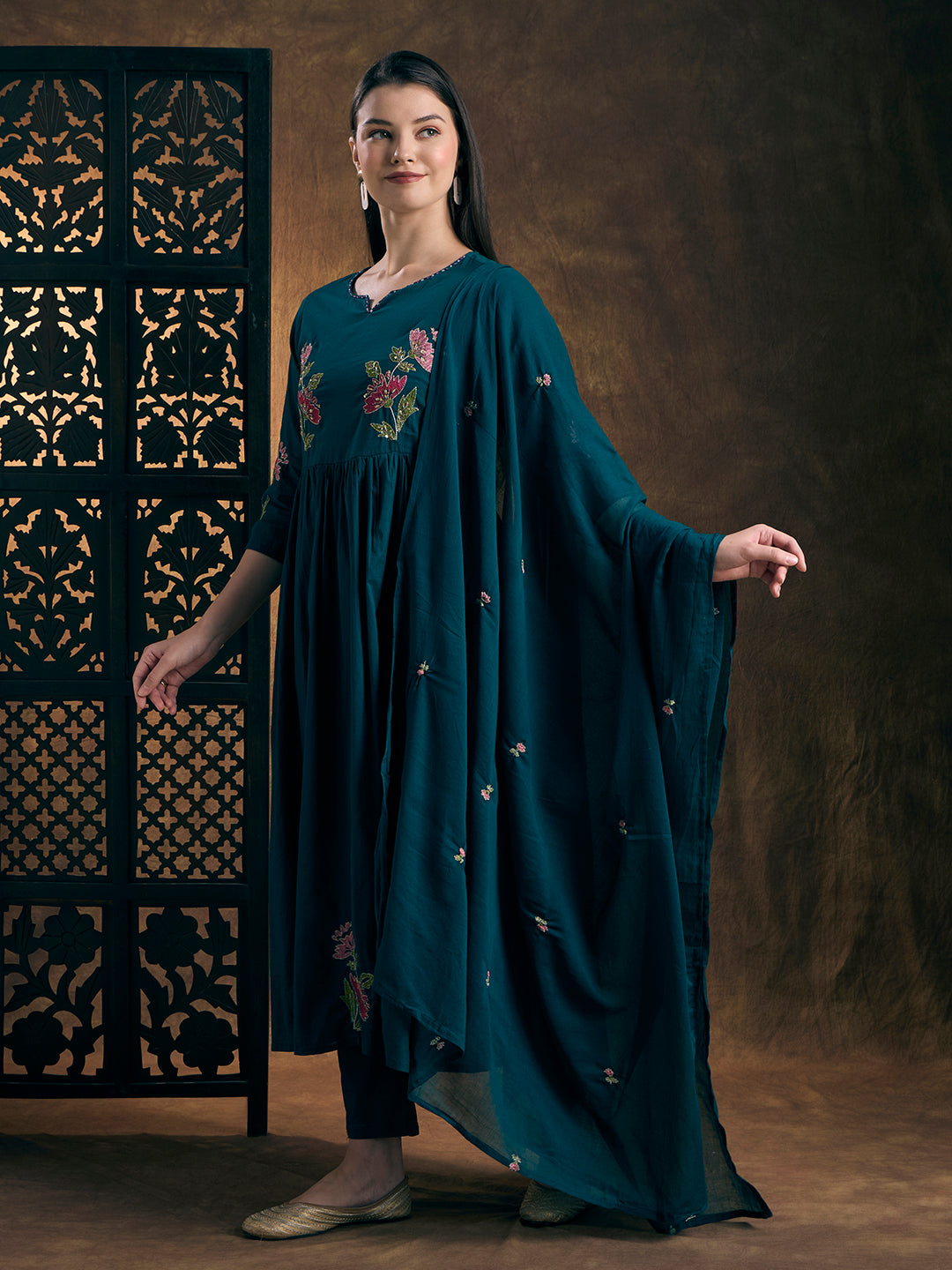 Solid Floral Embroidered A-Line Pleated Kurta with Pant & Dupatta - Teal Blue