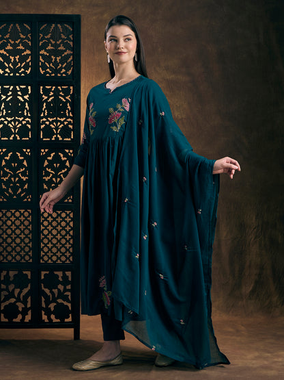 Solid Floral Embroidered A-Line Pleated Kurta with Pant & Dupatta - Teal Blue