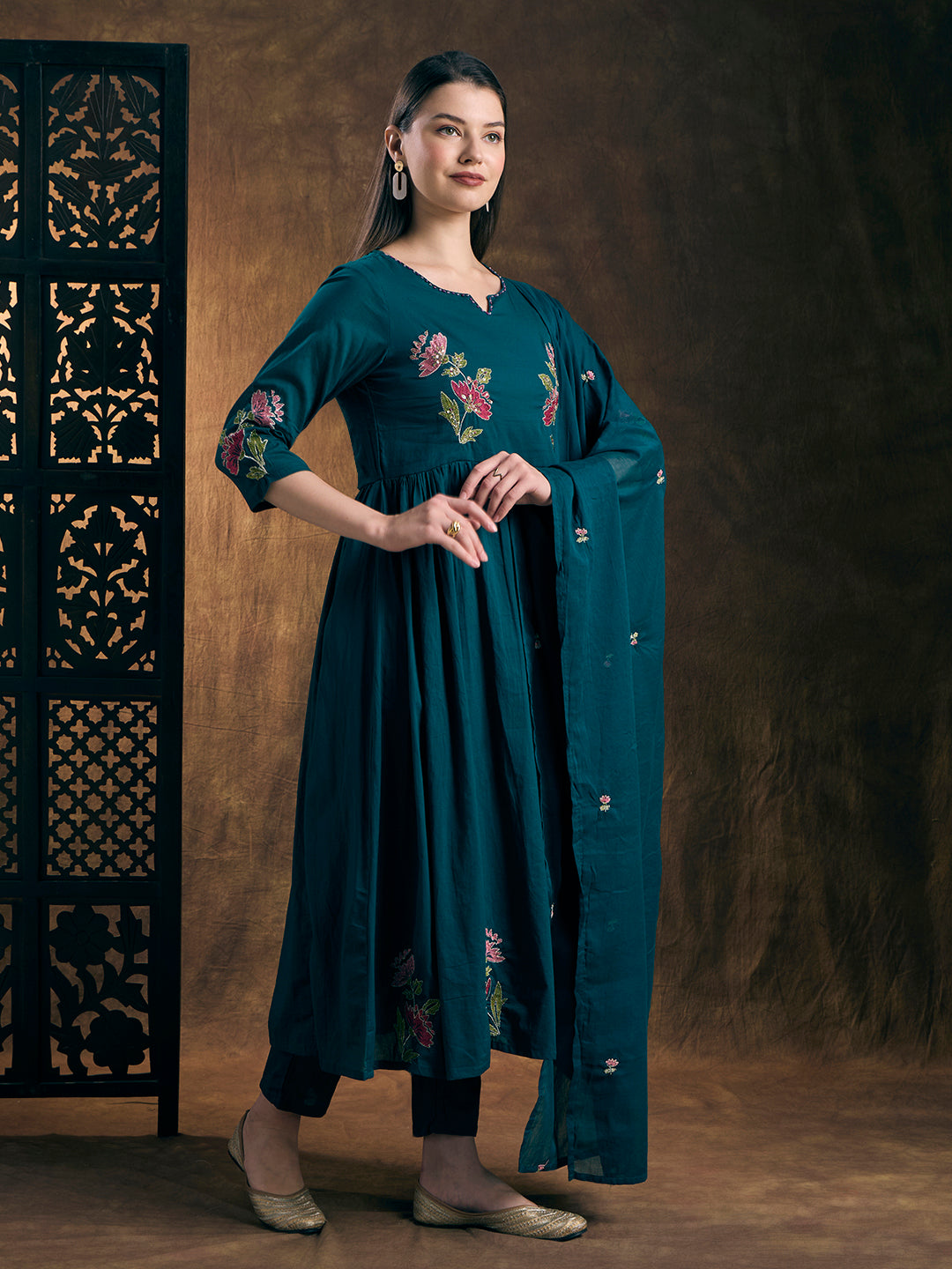 Solid Floral Embroidered A-Line Pleated Kurta with Pant & Dupatta - Teal Blue
