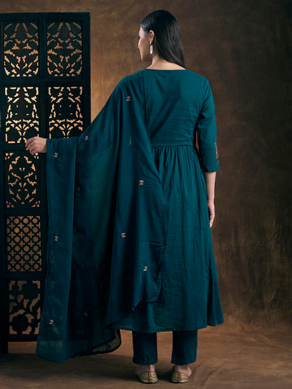 Solid Floral Embroidered A-Line Pleated Kurta with Pant & Dupatta - Teal Blue