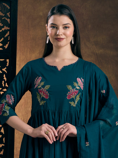 Solid Floral Embroidered A-Line Pleated Kurta with Pant & Dupatta - Teal Blue
