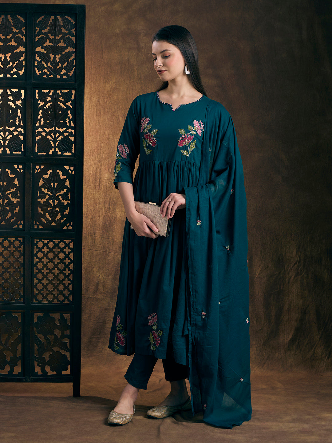 Solid Floral Embroidered A-Line Pleated Kurta with Pant & Dupatta - Teal Blue