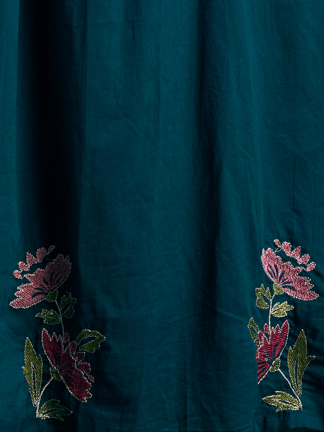 Solid Floral Embroidered A-Line Pleated Kurta with Pant & Dupatta - Teal Blue