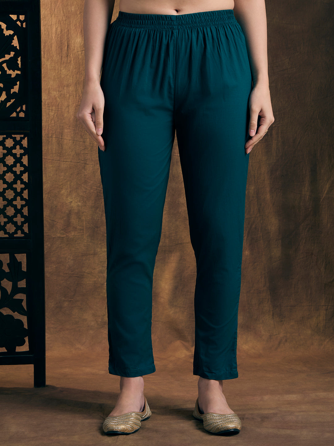 Solid Floral Embroidered A-Line Pleated Kurta with Pant & Dupatta - Teal Blue