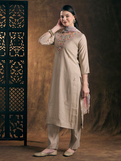 Solid Hand Embroidered Straight Kurta with Pant & Dupatta - Taupe