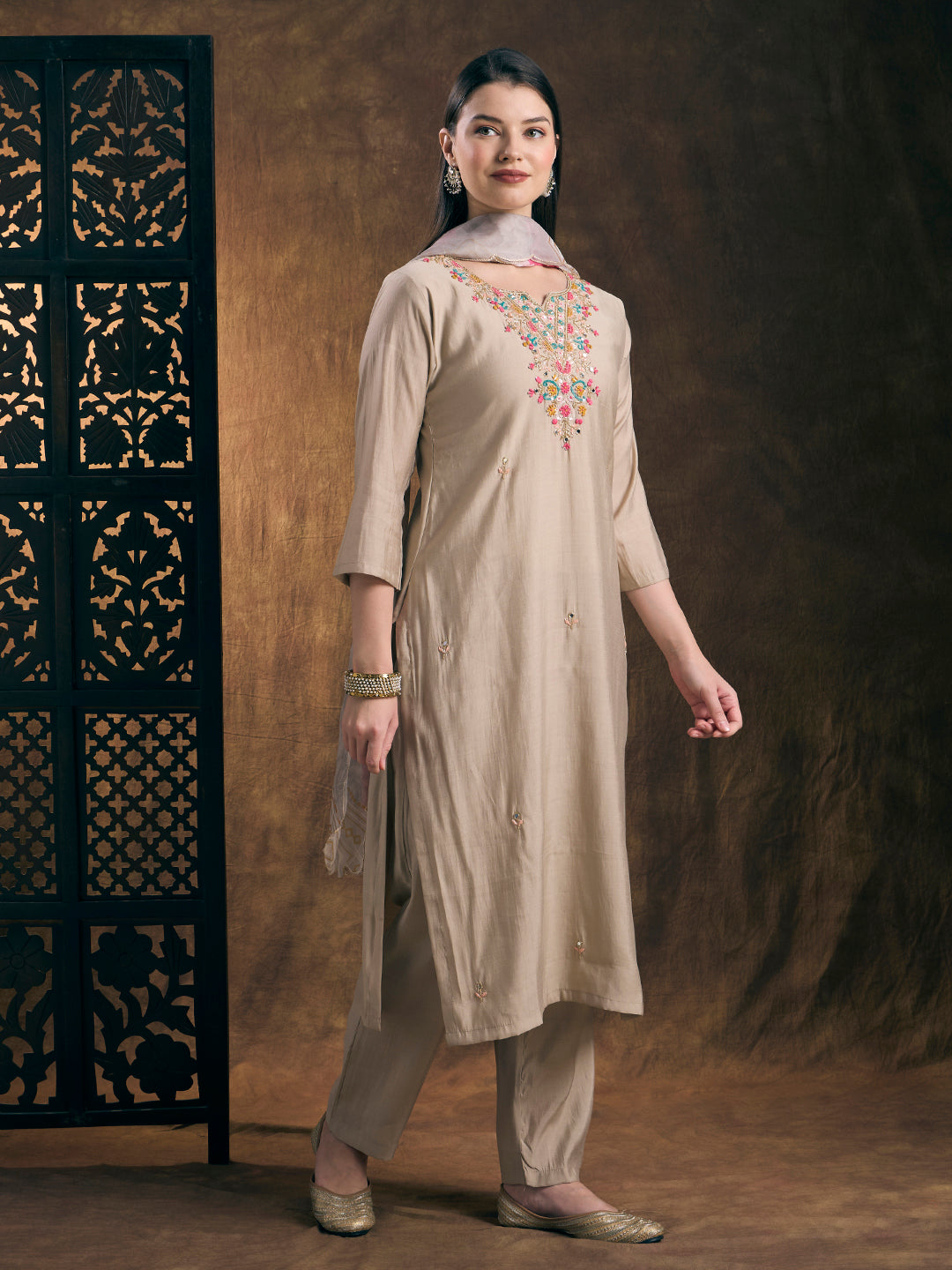 Solid Hand Embroidered Straight Kurta with Pant & Dupatta - Taupe