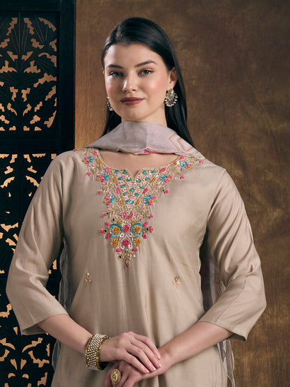 Solid Hand Embroidered Straight Kurta with Pant & Dupatta - Taupe