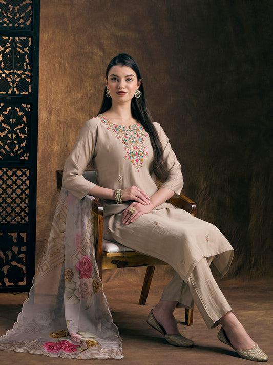Solid Hand Embroidered Straight Kurta with Pant & Dupatta - Taupe