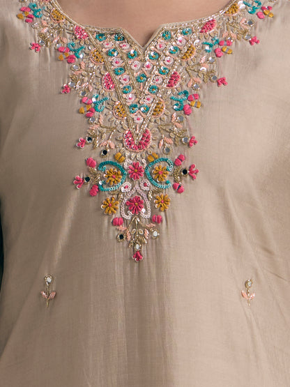 Solid Hand Embroidered Straight Kurta with Pant & Dupatta - Taupe
