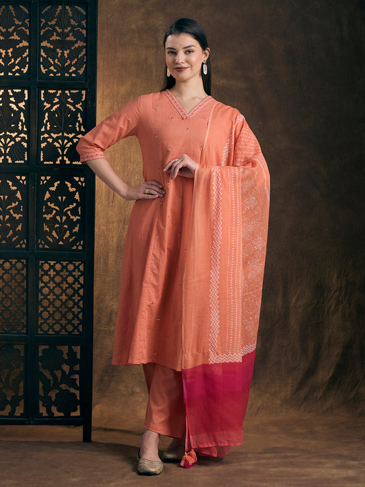 Solid Embroidered A-Line Kurta with Palazzo & Printed Dupatta - Peach