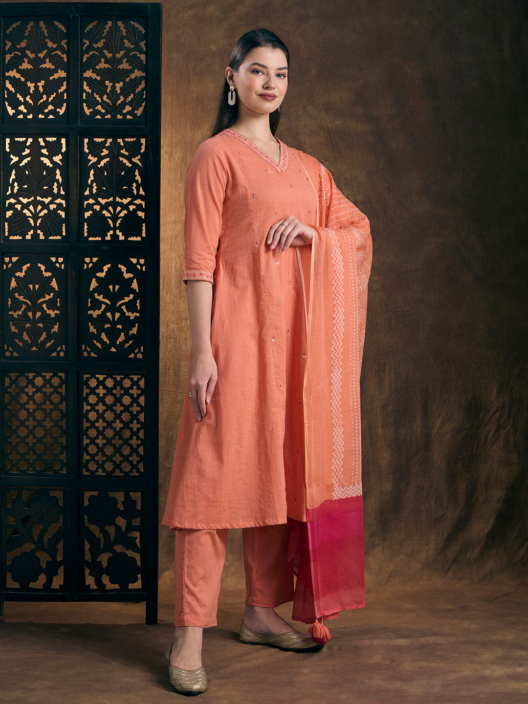 Solid Embroidered A-Line Kurta with Palazzo & Printed Dupatta - Peach