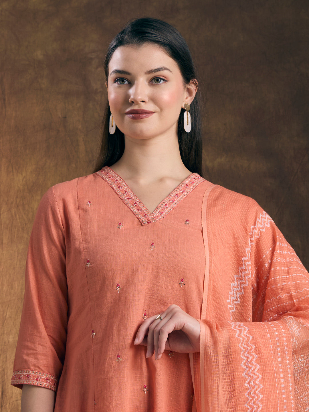 Solid Embroidered A-Line Kurta with Palazzo & Printed Dupatta - Peach