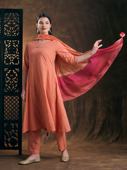 Solid Embroidered A-Line Kurta with Palazzo & Printed Dupatta - Peach