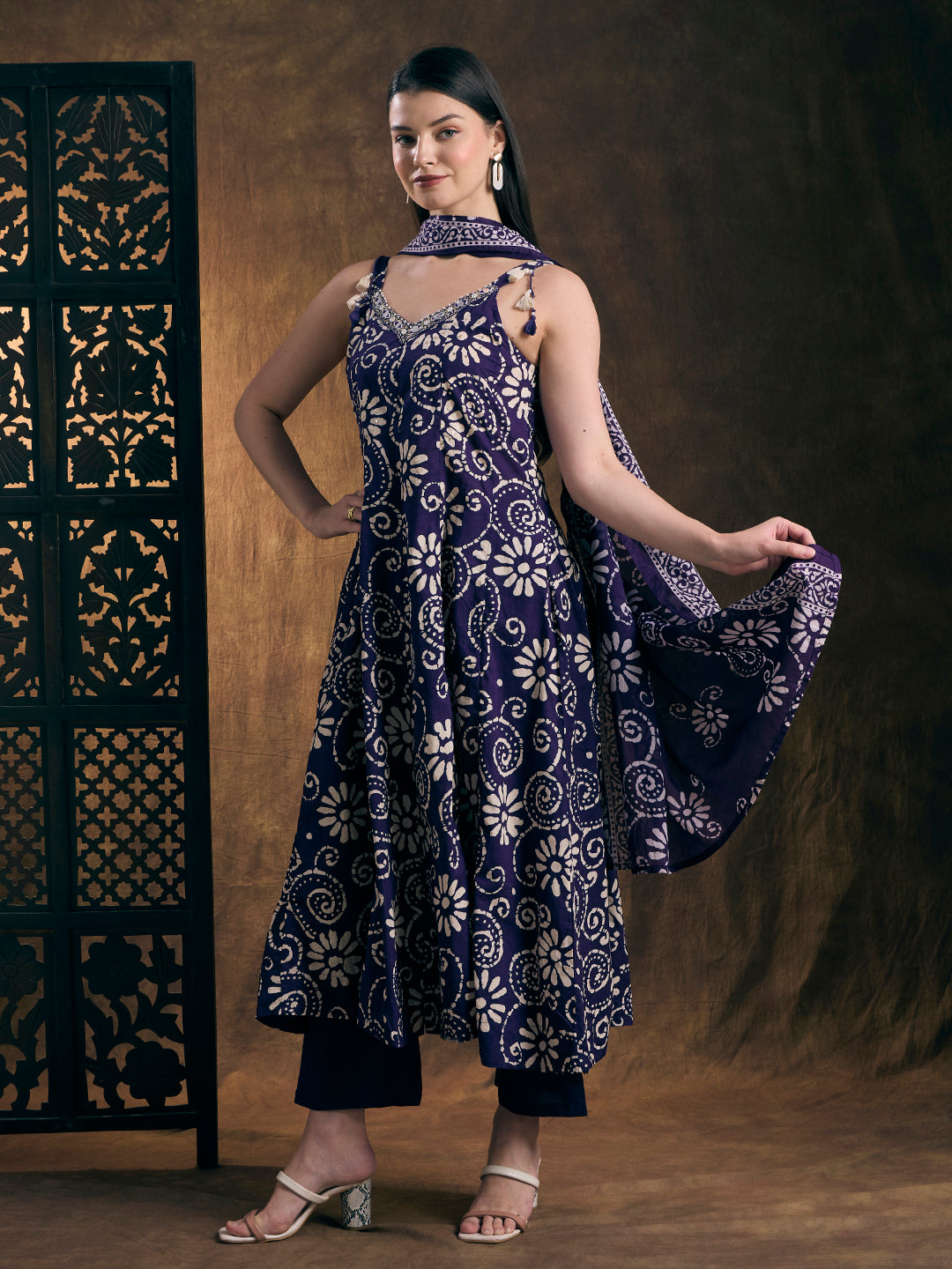 Ethnic Printed Anarkali Flared Kurta with Pant & Dupatta - Purple