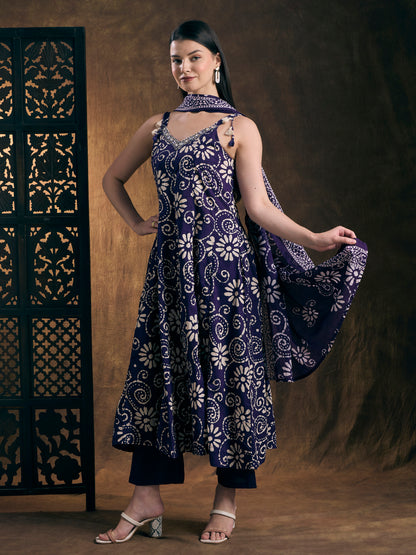 Ethnic Printed Anarkali Flared Kurta with Pant & Dupatta - Purple