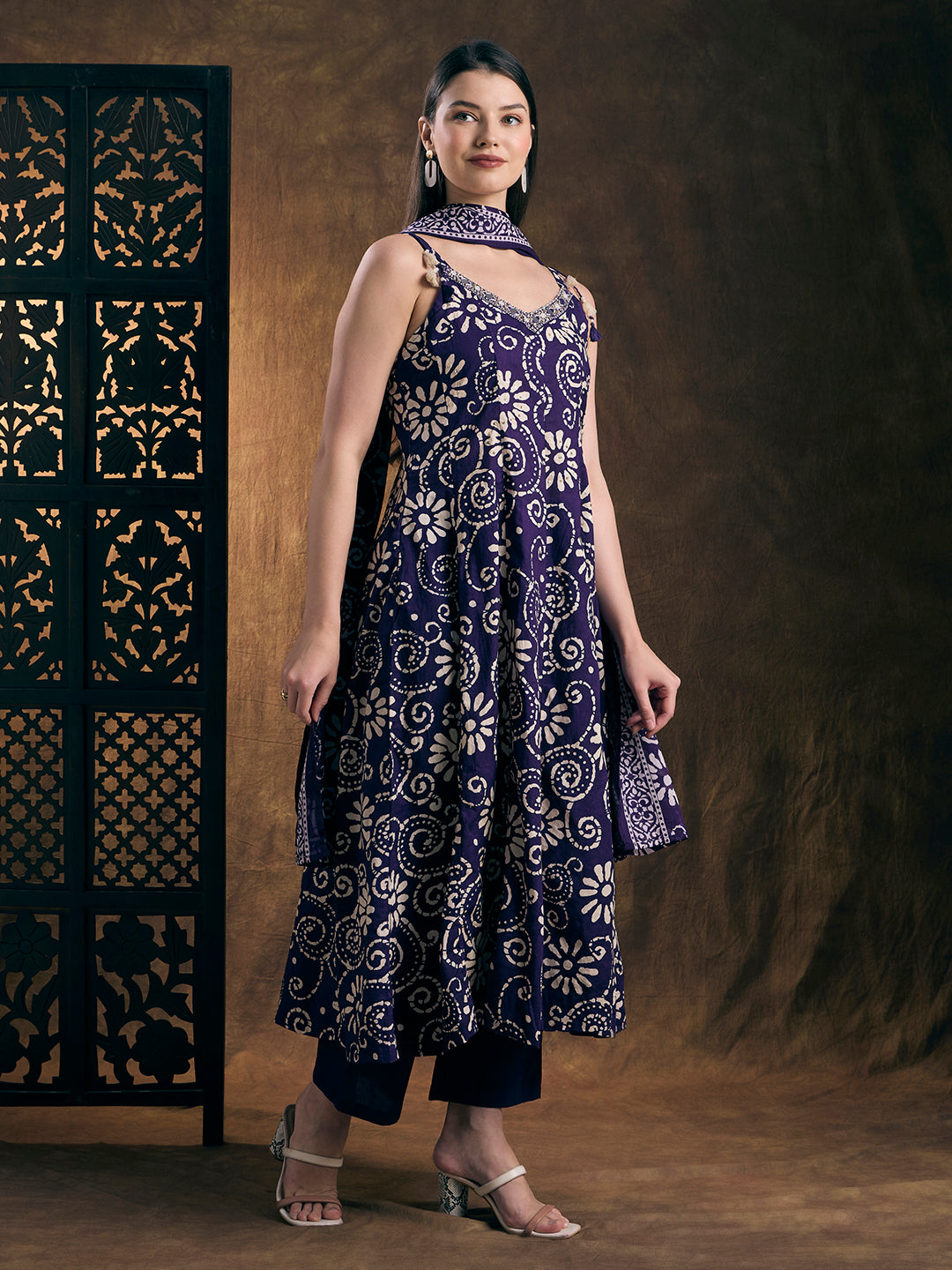 Ethnic Printed Anarkali Flared Kurta with Pant & Dupatta - Purple