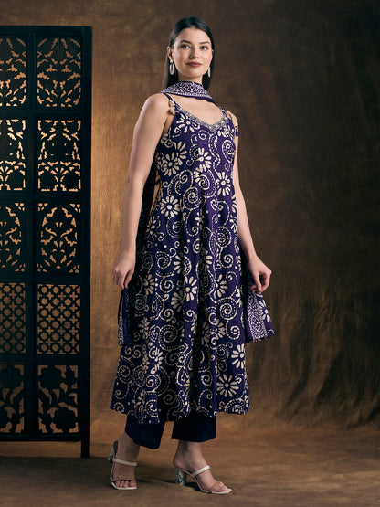 Ethnic Printed Anarkali Flared Kurta with Pant & Dupatta - Purple