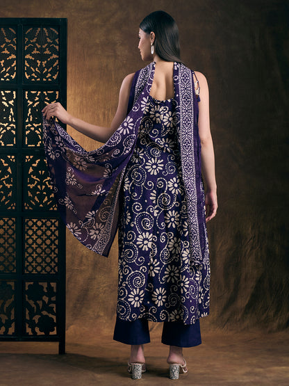 Ethnic Printed Anarkali Flared Kurta with Pant & Dupatta - Purple