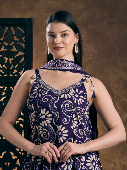 Ethnic Printed Anarkali Flared Kurta with Pant & Dupatta - Purple