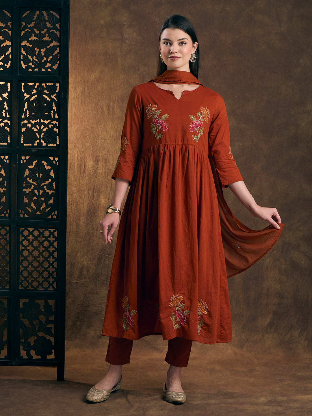 Solid Floral Embroidered A-Line Pleated Kurta with Pant & Dupatta - Rust