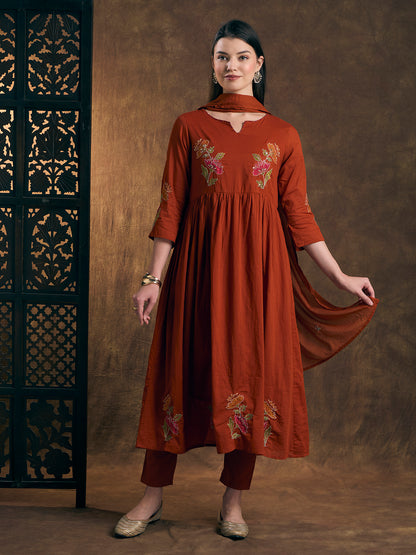 Solid Floral Embroidered A-Line Pleated Kurta with Pant & Dupatta - Rust