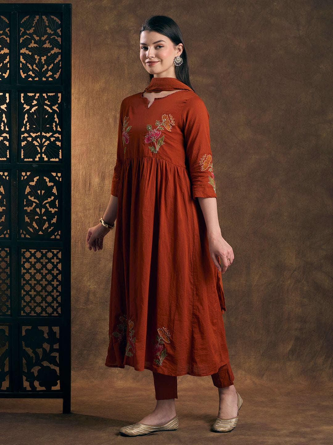 Solid Floral Embroidered A-Line Pleated Kurta with Pant & Dupatta - Rust
