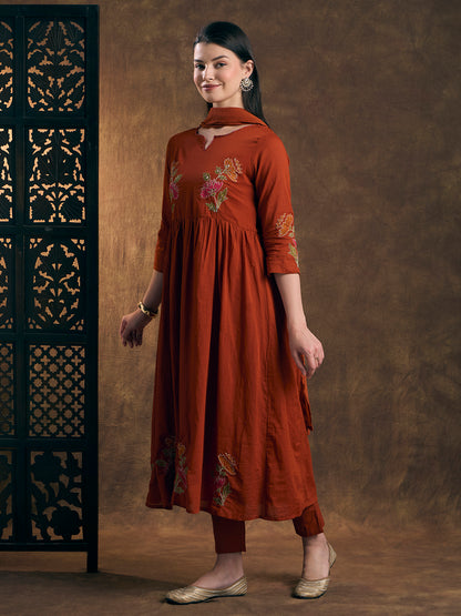 Solid Floral Embroidered A-Line Pleated Kurta with Pant & Dupatta - Rust