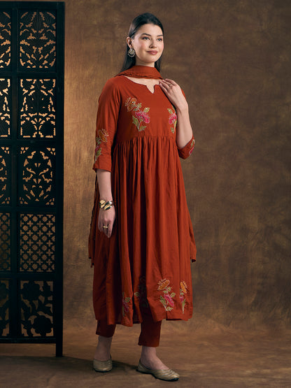 Solid Floral Embroidered A-Line Pleated Kurta with Pant & Dupatta - Rust