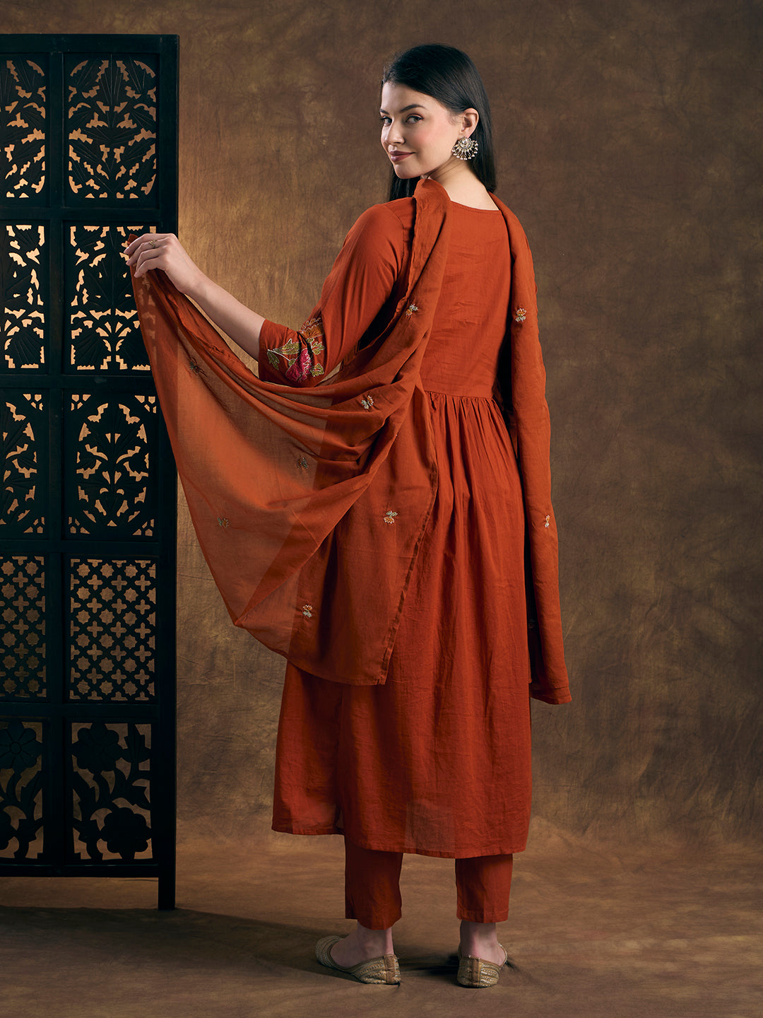 Solid Floral Embroidered A-Line Pleated Kurta with Pant & Dupatta - Rust
