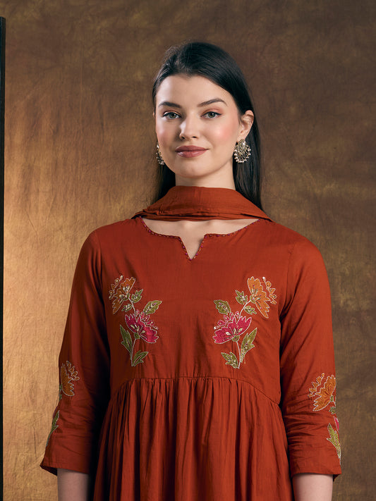 Solid Floral Embroidered A-Line Pleated Kurta with Pant & Dupatta - Rust