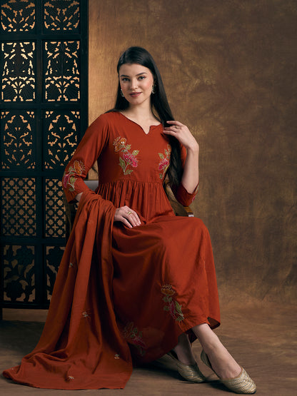 Solid Floral Embroidered A-Line Pleated Kurta with Pant & Dupatta - Rust