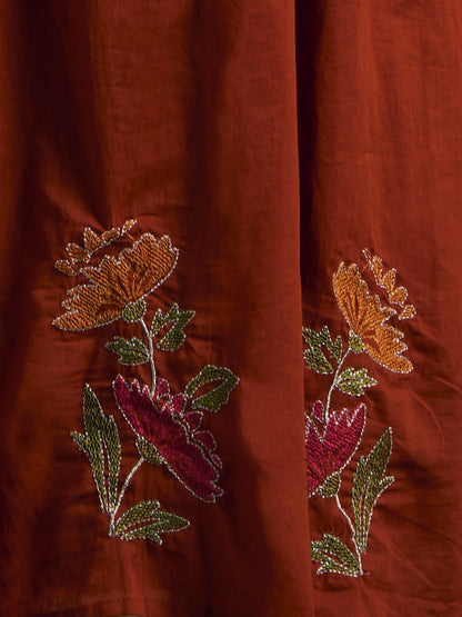 Solid Floral Embroidered A-Line Pleated Kurta with Pant & Dupatta - Rust