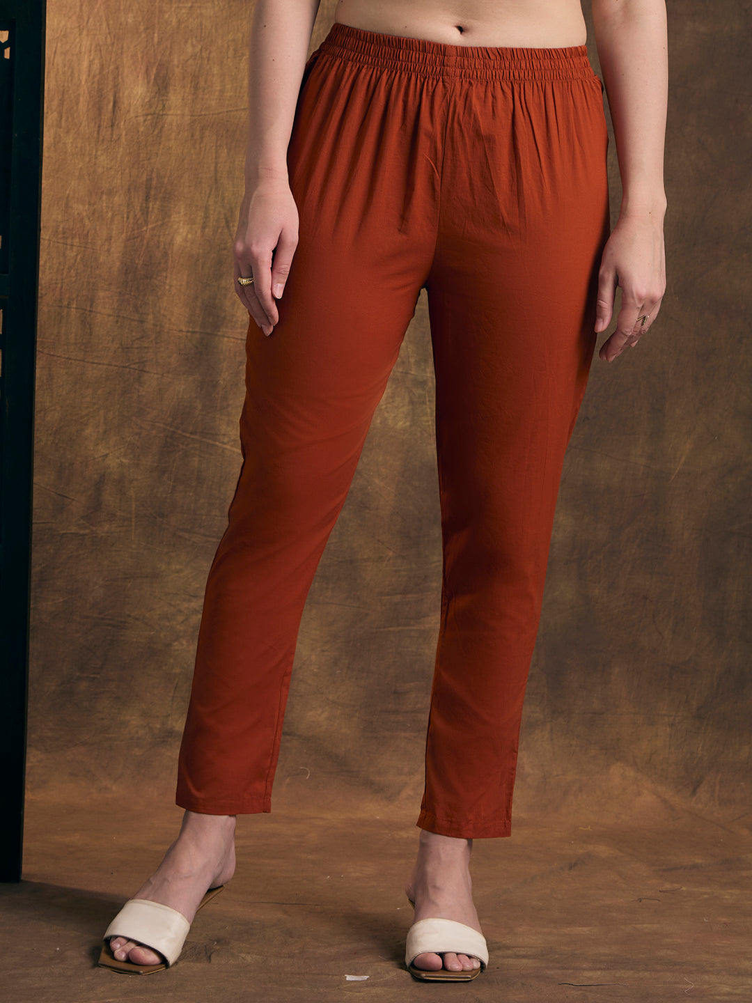 Solid Floral Embroidered A-Line Pleated Kurta with Pant & Dupatta - Rust