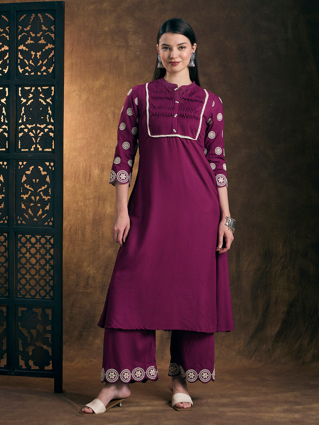 Solid Ethnic Embroidered A-Line Co-ord Set - Purple