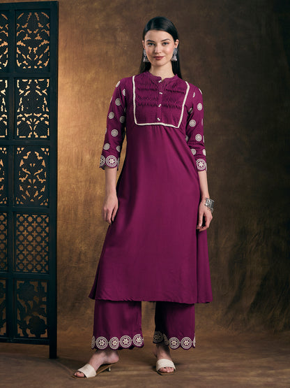 Solid Ethnic Embroidered A-Line Co-ord Set - Purple
