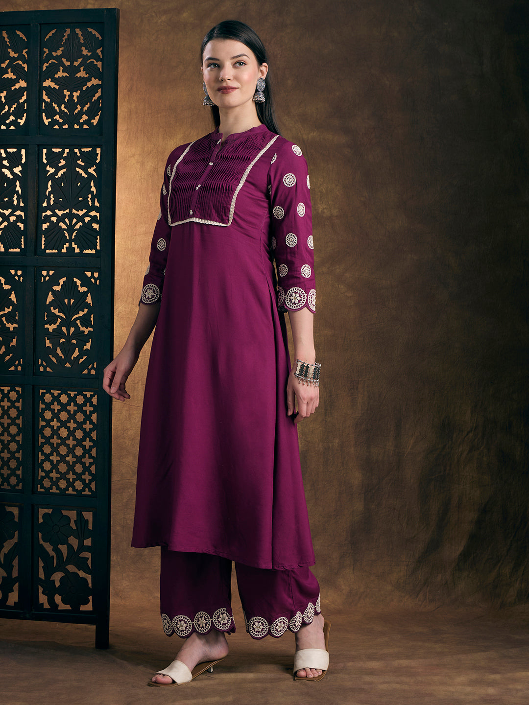 Solid Ethnic Embroidered A-Line Co-ord Set - Purple