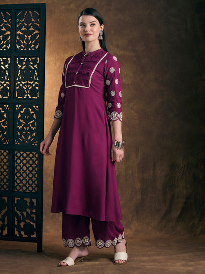 Solid Ethnic Embroidered A-Line Co-ord Set - Purple