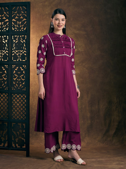 Solid Ethnic Embroidered A-Line Co-ord Set - Purple