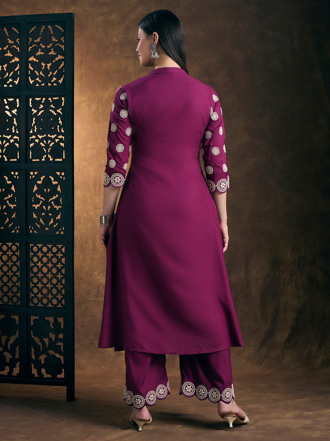 Solid Ethnic Embroidered A-Line Co-ord Set - Purple