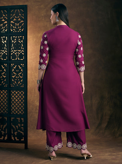 Solid Ethnic Embroidered A-Line Co-ord Set - Purple