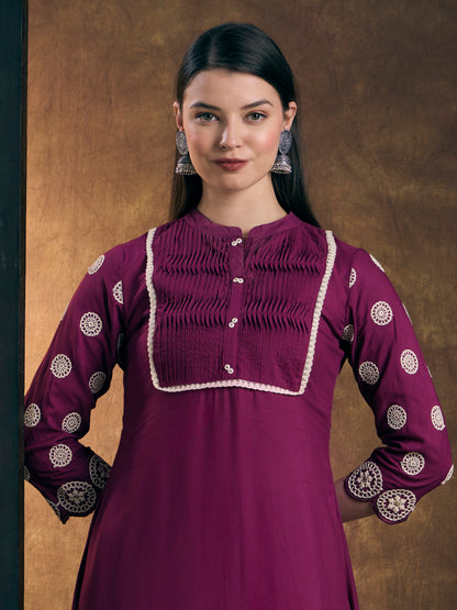 Solid Ethnic Embroidered A-Line Co-ord Set - Purple