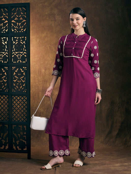 Solid Ethnic Embroidered A-Line Co-ord Set - Purple