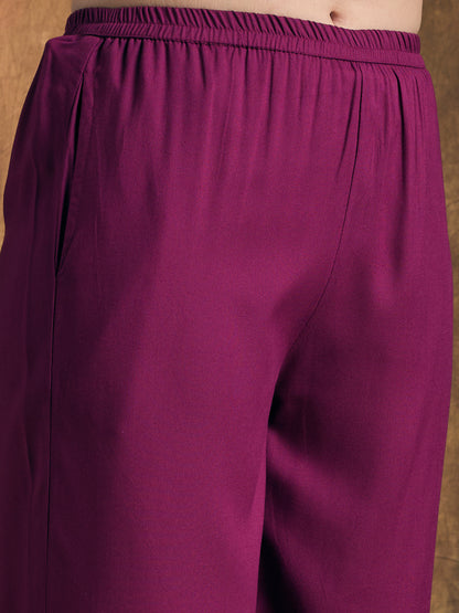 Solid Ethnic Embroidered A-Line Co-ord Set - Purple