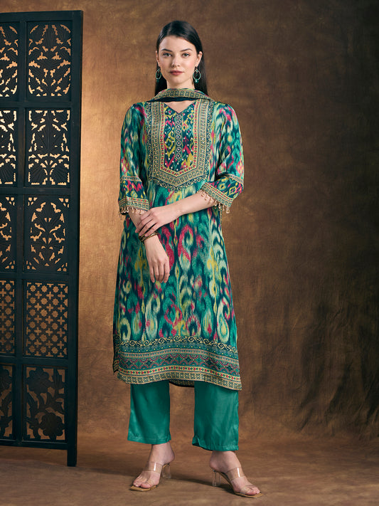 Ethnic Printed Straight Fit Kurta with Pant & Dupatta - Turquoise Blue