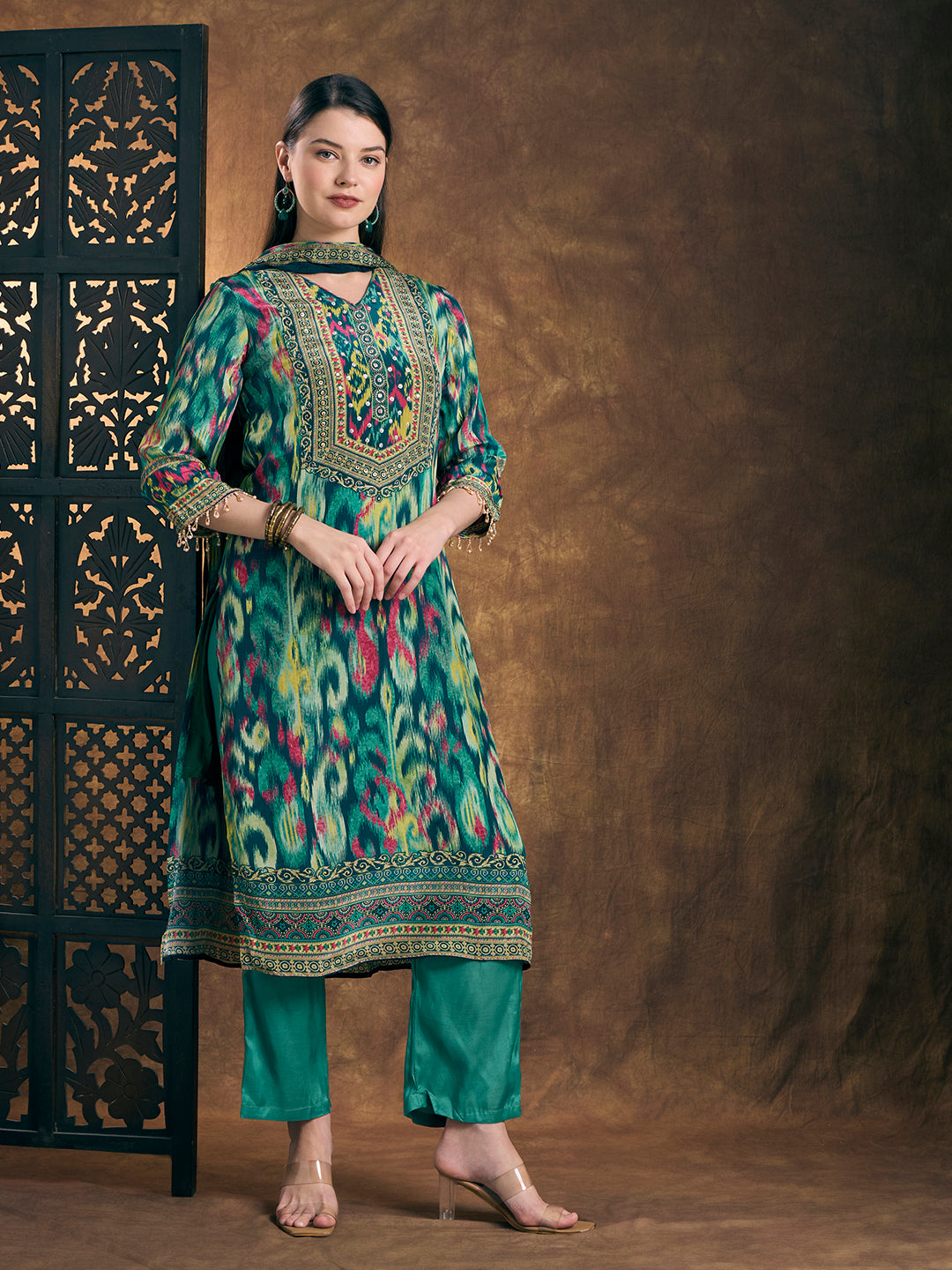 Ethnic Printed Straight Fit Kurta with Pant & Dupatta - Turquoise Blue
