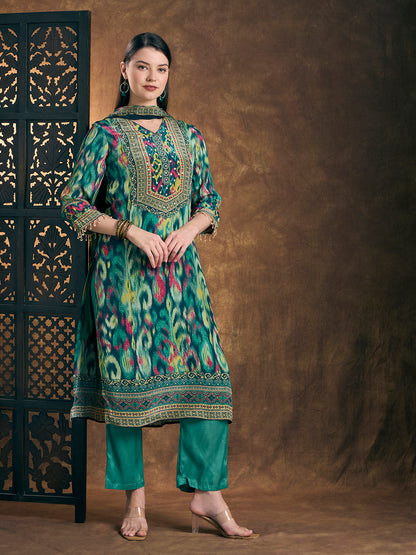Ethnic Printed Straight Fit Kurta with Pant & Dupatta - Turquoise Blue