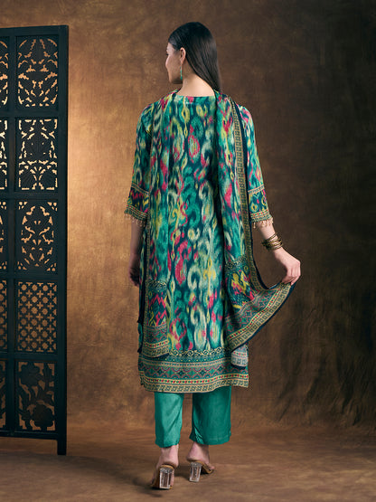 Ethnic Printed Straight Fit Kurta with Pant & Dupatta - Turquoise Blue